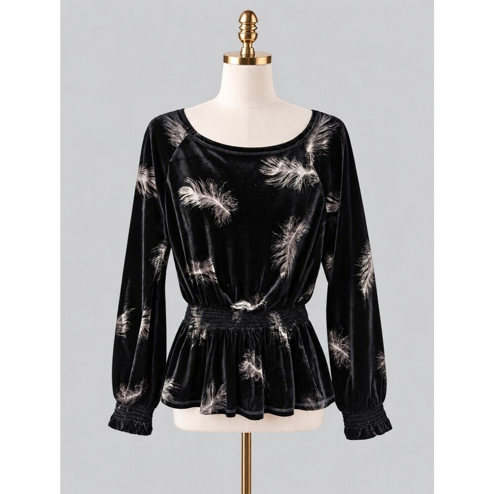 NEWPORT NEWS Velvet Feather Print Long Sleeve Peplum Smocked Waist Top - 1X